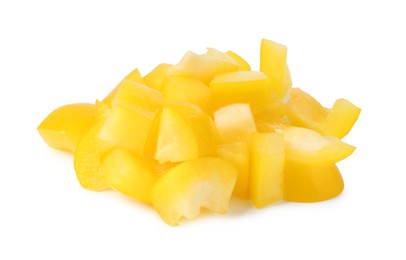Photo of Pieces of fresh yellow bell peppers isolated on white