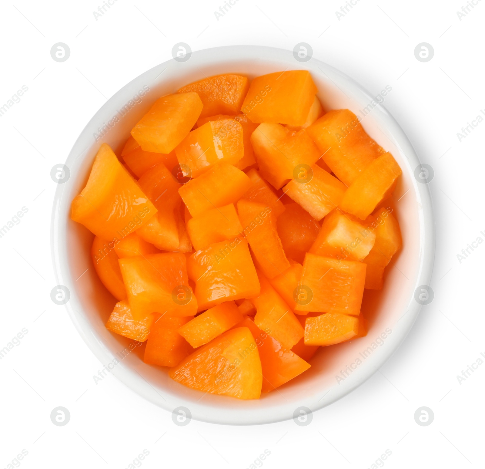Pieces of fresh orange bell peppers in bowl isolated on white, top view Photo of Pieces of fresh orange bell peppers in bowl isolated on white, top view