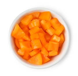 Photo of Pieces of fresh orange bell peppers in bowl isolated on white, top view