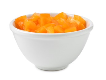 Photo of Pieces of fresh orange bell peppers in bowl isolated on white