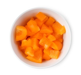 Photo of Pieces of fresh orange bell peppers in bowl isolated on white, top view
