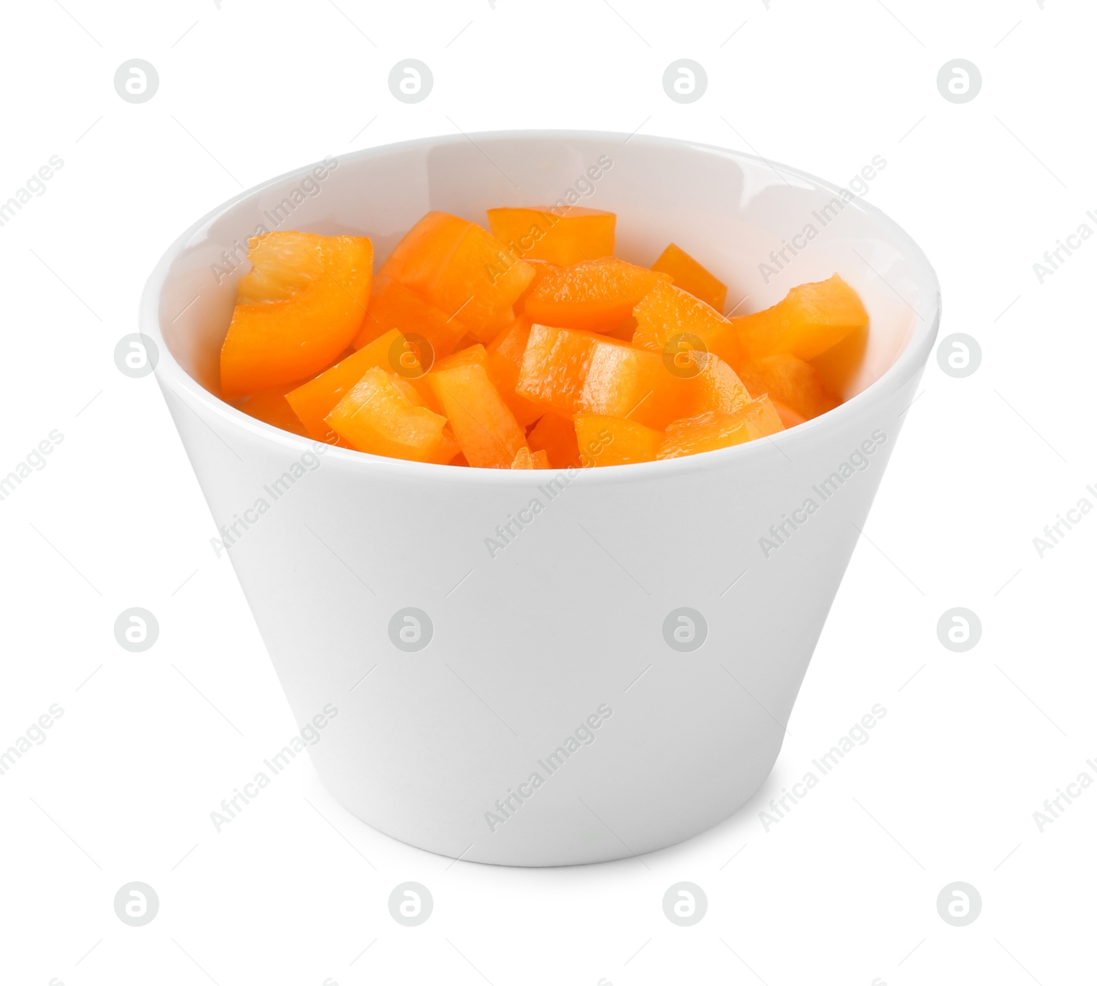Pieces of fresh orange bell peppers in bowl isolated on white Photo of Pieces of fresh orange bell peppers in bowl isolated on white
