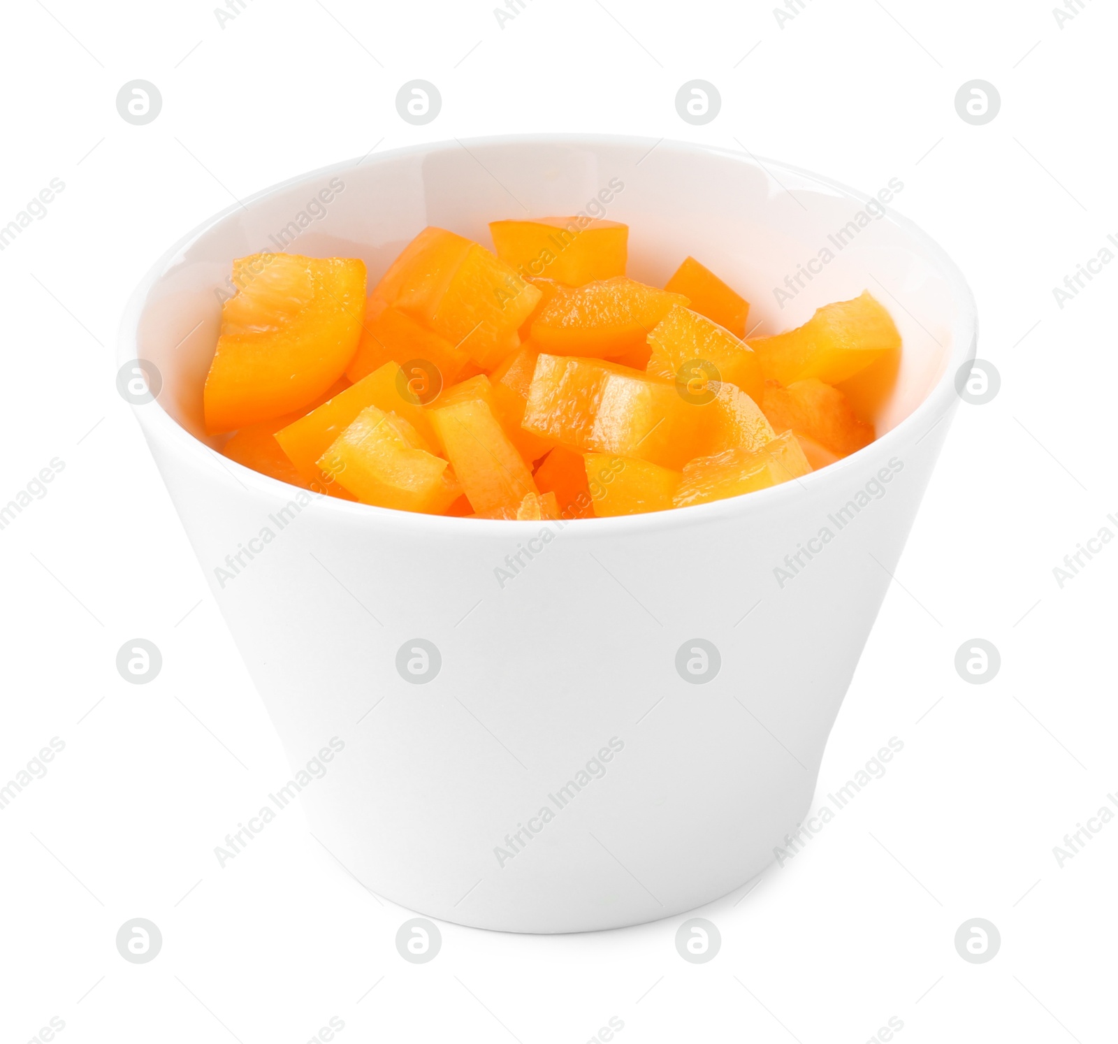 Pieces of fresh orange bell peppers in bowl isolated on white Photo of Pieces of fresh orange bell peppers in bowl isolated on white