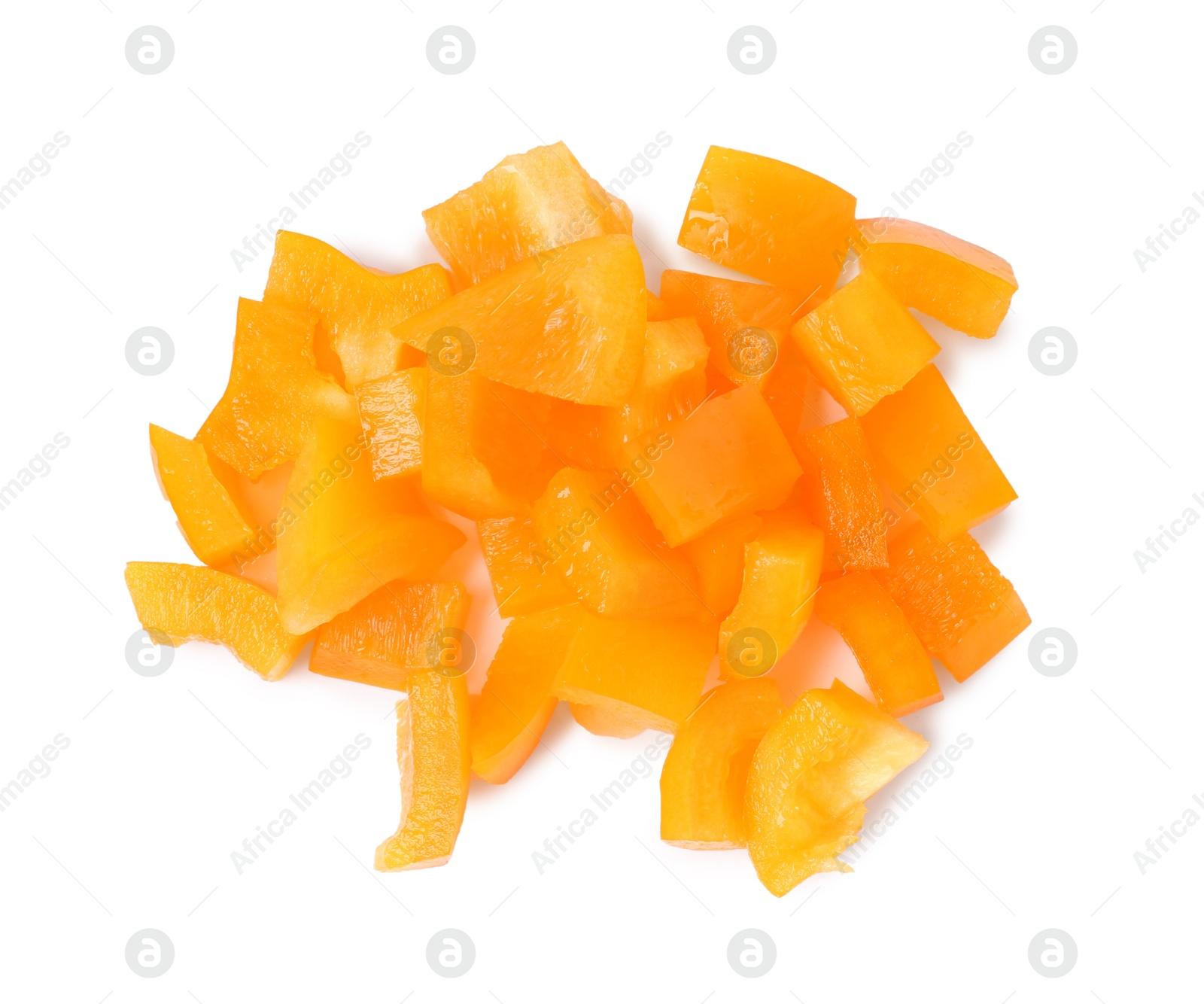Pieces of fresh orange bell peppers isolated on white, top view Photo of Pieces of fresh orange bell peppers isolated on white, top view