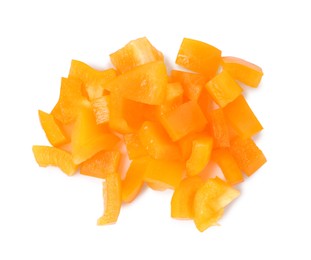 Photo of Pieces of fresh orange bell peppers isolated on white, top view