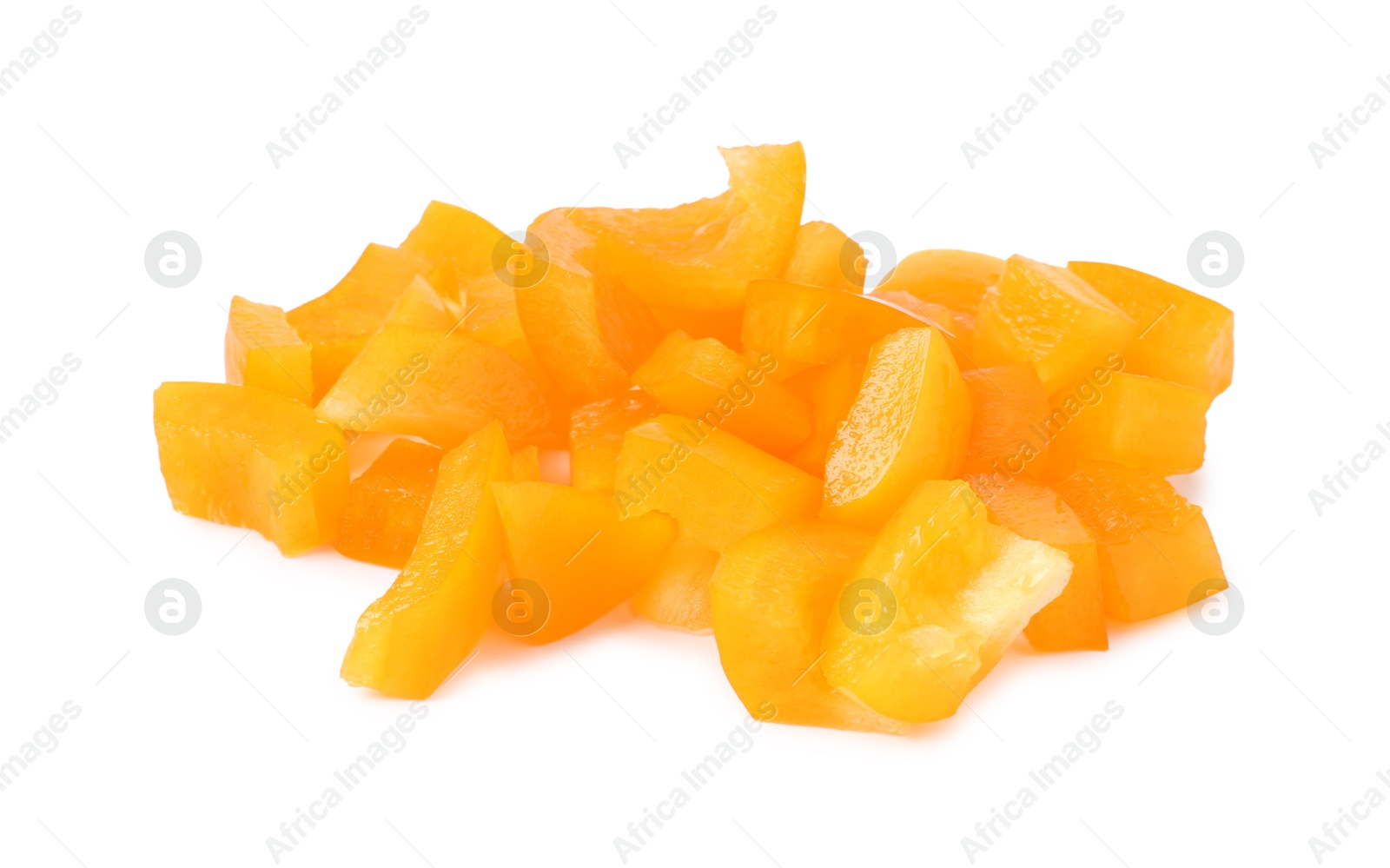 Photo of Pieces of fresh orange bell peppers isolated on white