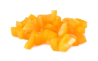 Photo of Pieces of fresh orange bell peppers isolated on white