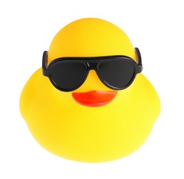 Photo of One cute rubber duck in sunglasses isolated on white