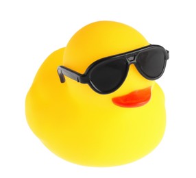 Photo of One cute rubber duck in sunglasses isolated on white