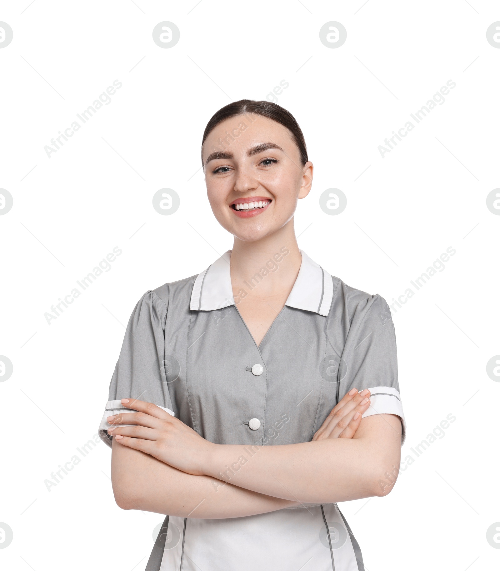Portrait of happy chambermaid on white background Photo of Portrait of happy chambermaid on white background
