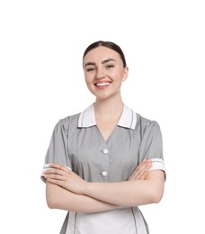Photo of Portrait of happy chambermaid on white background