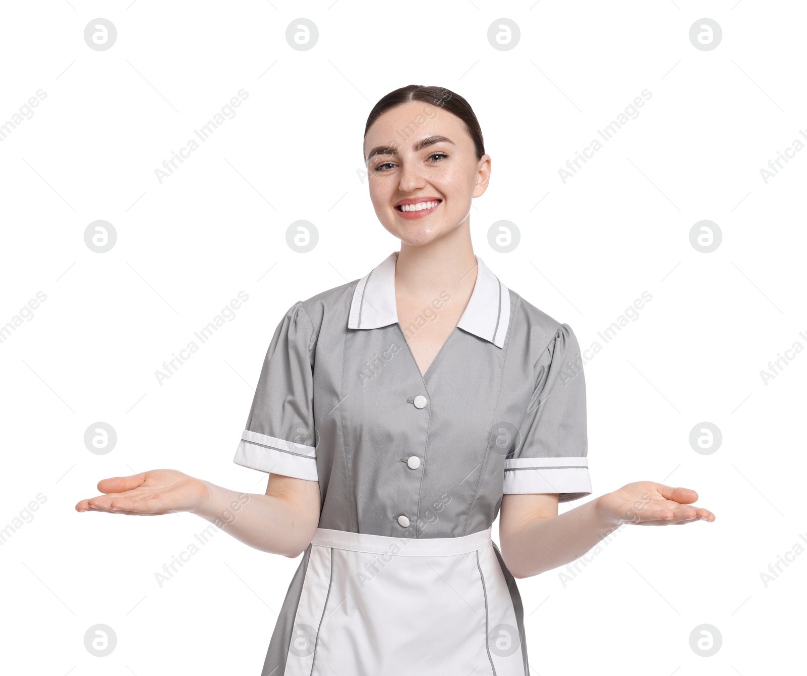 Portrait of happy chambermaid on white background Photo of Portrait of happy chambermaid on white background