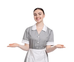 Photo of Portrait of happy chambermaid on white background
