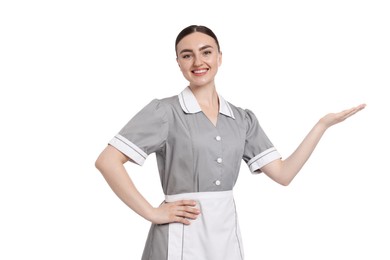 Photo of Portrait of happy chambermaid on white background