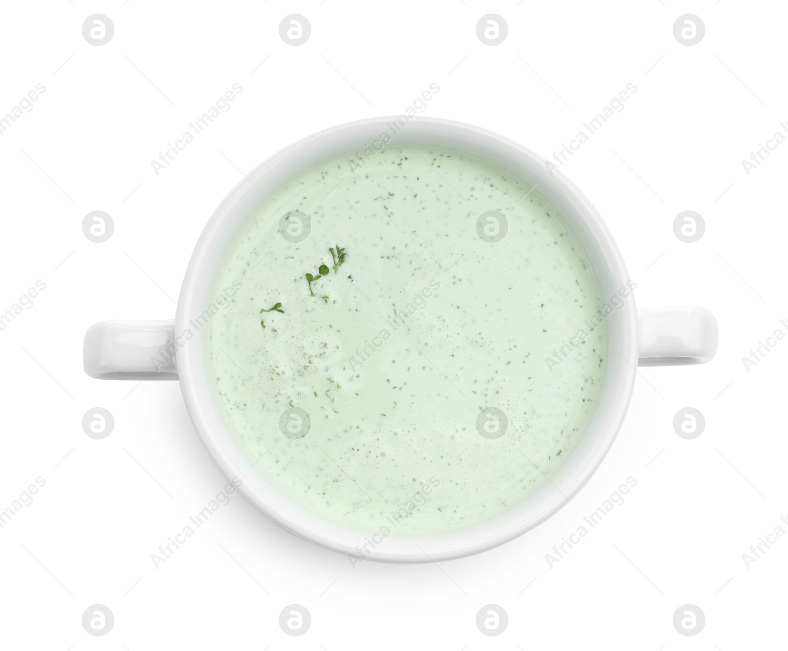 Photo of Tasty cucumber soup isolated on white, top view