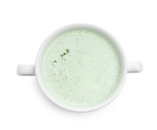 Photo of Tasty cucumber soup isolated on white, top view