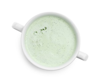 Photo of Tasty cucumber soup isolated on white, top view