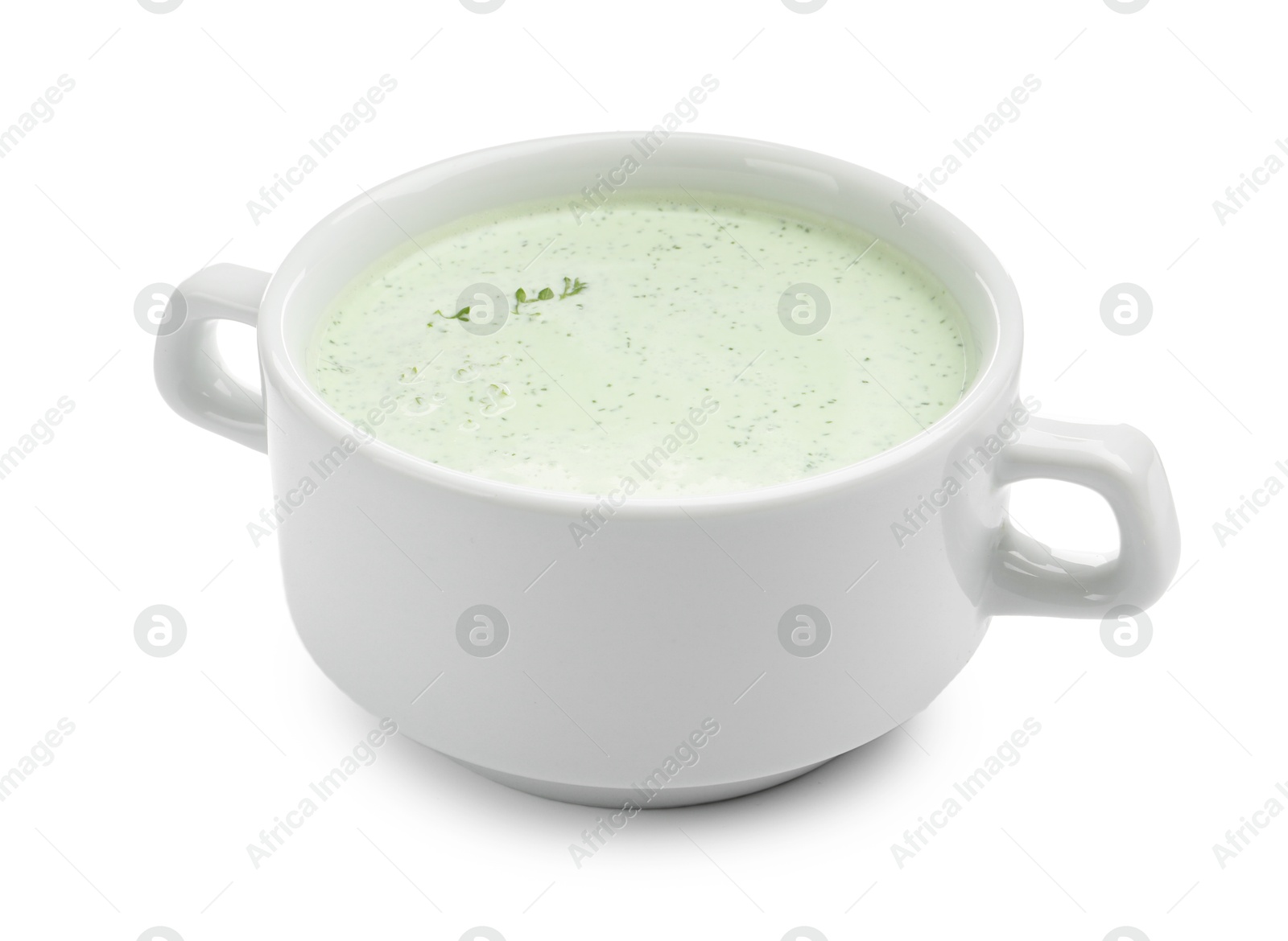 Photo of Tasty cucumber soup in bowl isolated on white