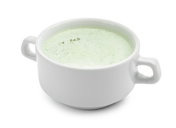 Photo of Tasty cucumber soup in bowl isolated on white