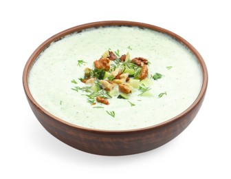 Photo of Tasty cucumber soup with dill and walnuts isolated on white