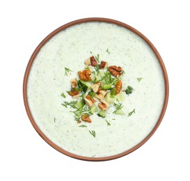 Photo of Tasty cucumber soup with dill and walnuts isolated on white, top view