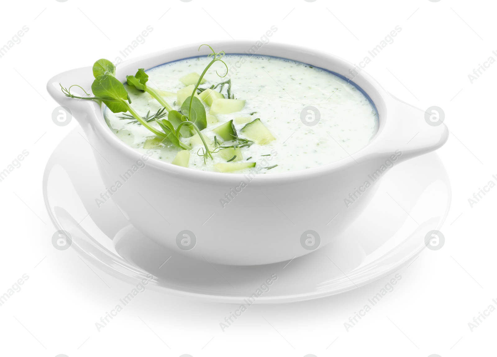 Photo of Tasty cucumber soup with microgreens isolated on white