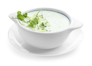 Photo of Tasty cucumber soup with microgreens isolated on white