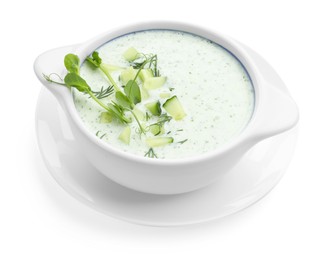 Photo of Tasty cucumber soup with microgreens isolated on white