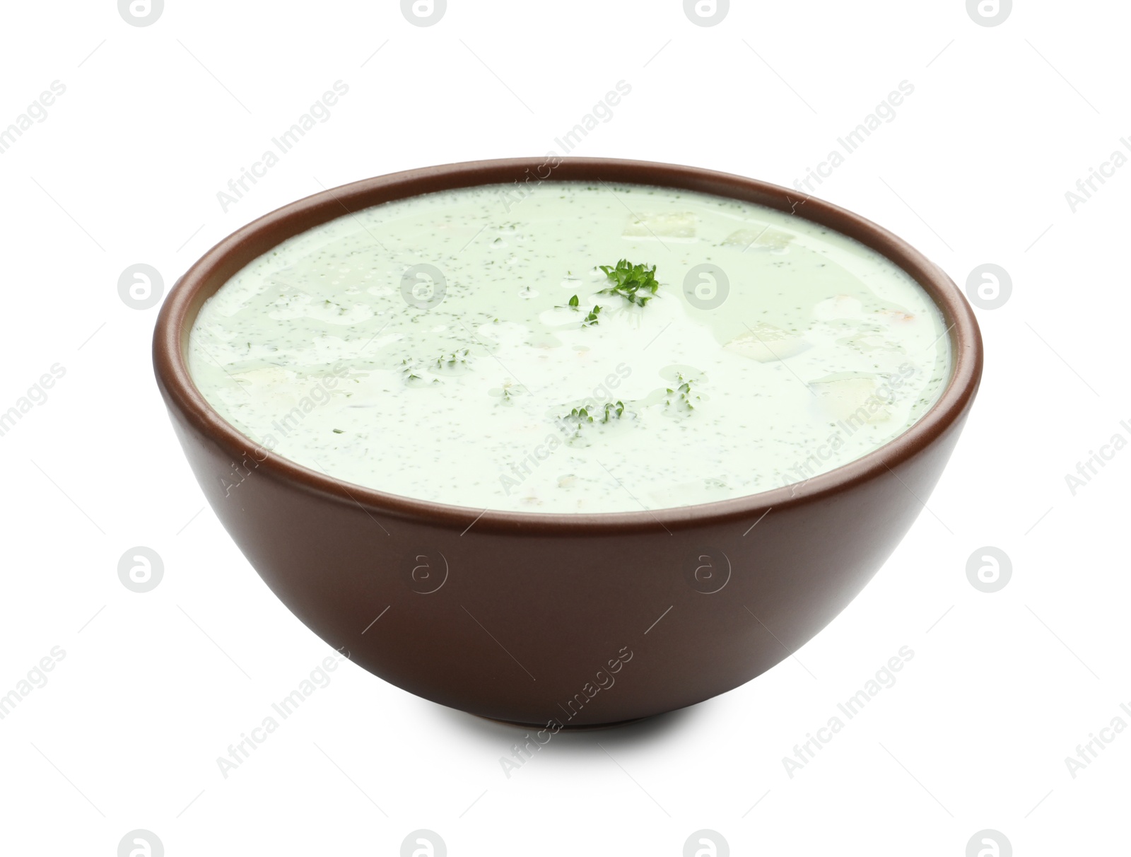Photo of Tasty cucumber soup with parsley isolated on white