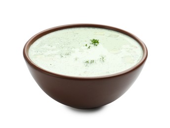 Photo of Tasty cucumber soup with parsley isolated on white