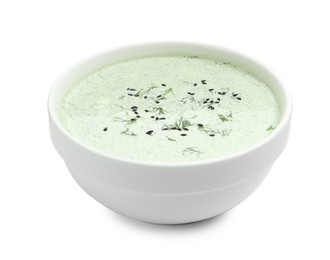 Photo of Tasty cucumber soup with dill and sesame seeds isolated on white