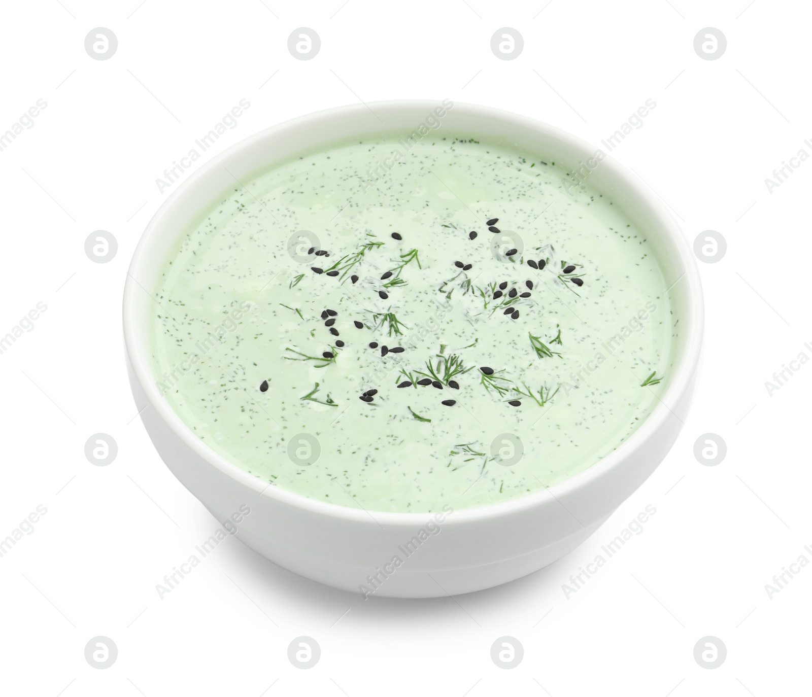 Tasty cucumber soup with dill and sesame seeds isolated on white Photo of Tasty cucumber soup with dill and sesame seeds isolated on white