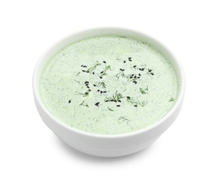 Photo of Tasty cucumber soup with dill and sesame seeds isolated on white
