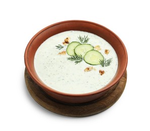 Photo of Tasty cucumber soup with dill and walnuts isolated on white