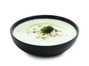 Photo of Tasty cucumber soup with croutons and broccoli isolated on white