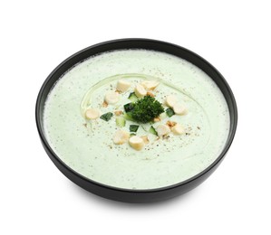Photo of Tasty cucumber soup with croutons and broccoli isolated on white