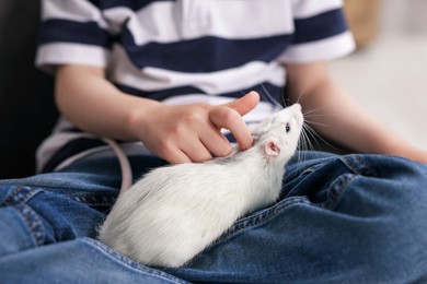 Photo of Little boy with his pet rat at home, closeup