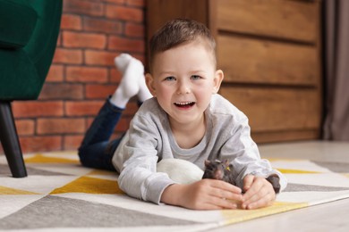 Photo of Little boy with his pet rats on floor at home