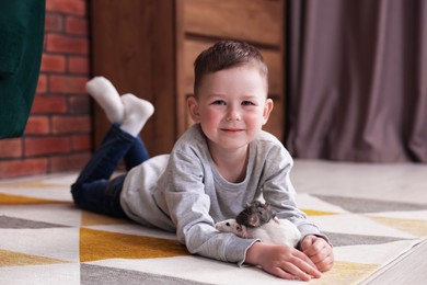 Photo of Little boy with his pet rats on floor at home