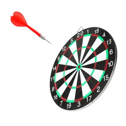 Image of Red dart flying to dartboard on white background