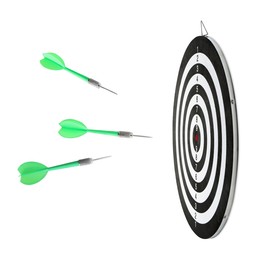Image of Green darts flying to dartboard on white background