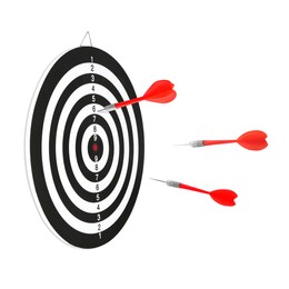 Image of One dart sticking in dartboard and other ones flying on white background