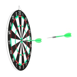 Image of One dart sticking in dartboard and other one flying on white background