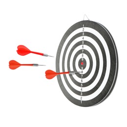 Image of One dart sticking in dartboard and other ones flying on white background