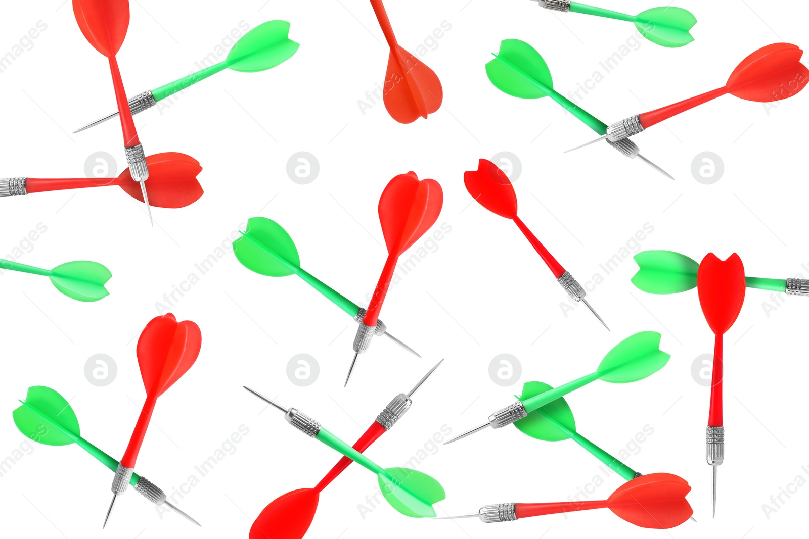 Red and green darts flying on white background Image of Red and green darts flying on white background