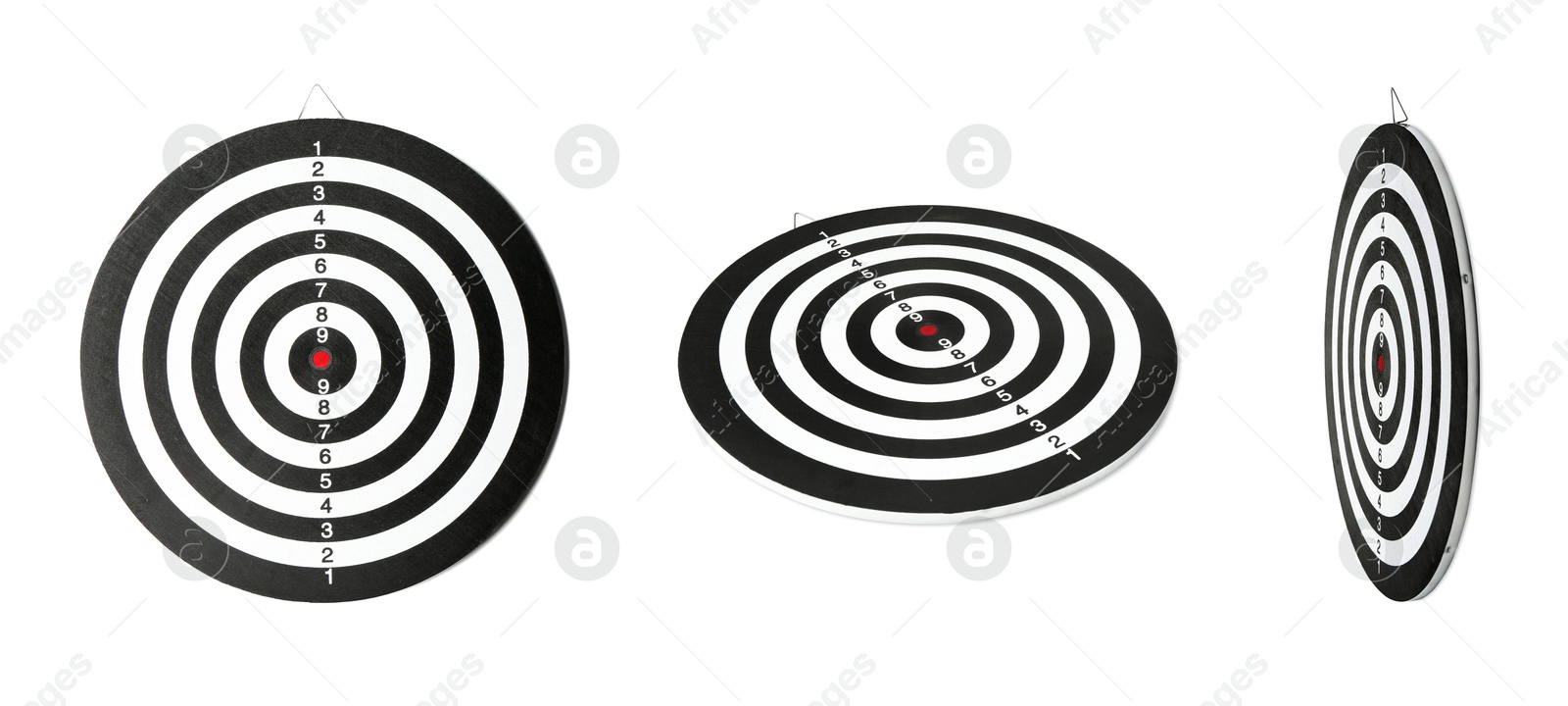 Dartboard isolated on white, collage. Different sides Image of Dartboard isolated on white, collage. Different sides