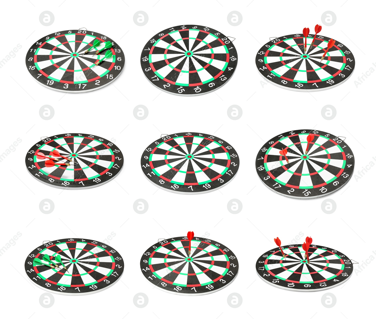 Dartboards with darts isolated on white, collage Image of Dartboards with darts isolated on white, collage