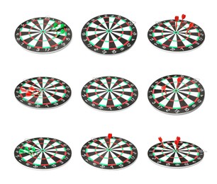 Image of Dartboards with darts isolated on white, collage