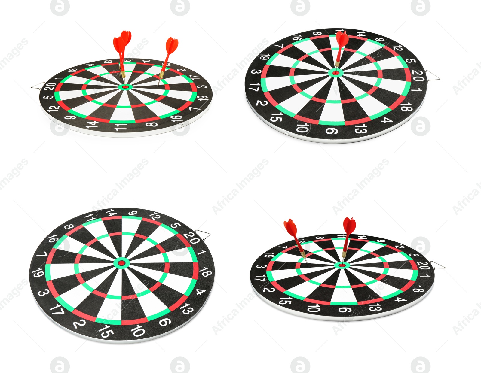 Image of Dartboards with darts isolated on white, collage