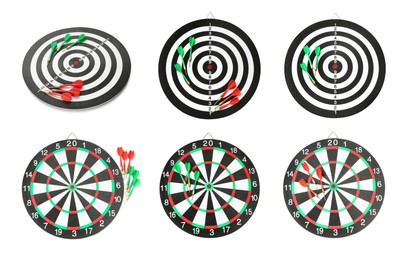 Image of Dartboards with darts isolated on white, collage